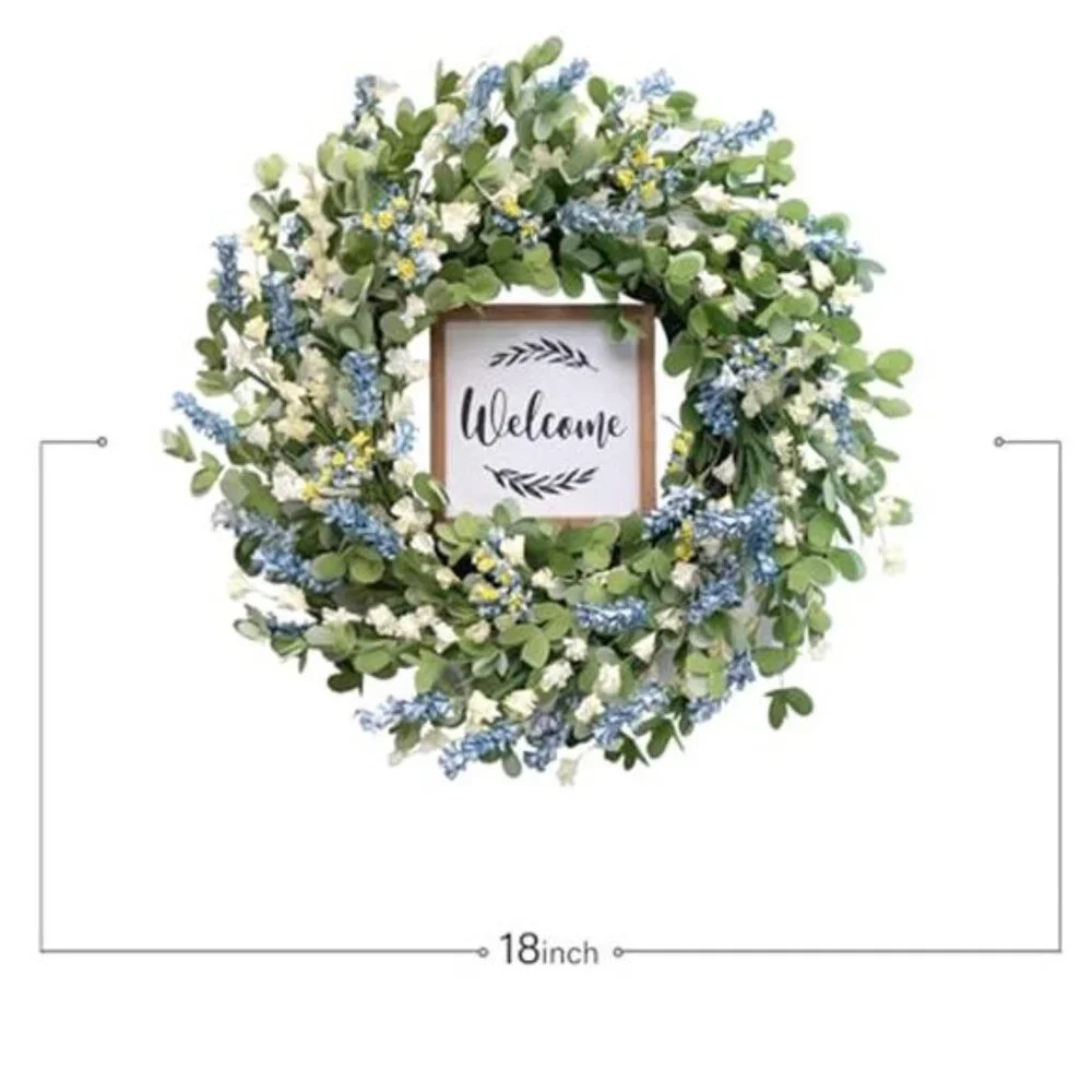 Artificial Leaves and White Flowers Wreath with Welcome Sign, 20 inch